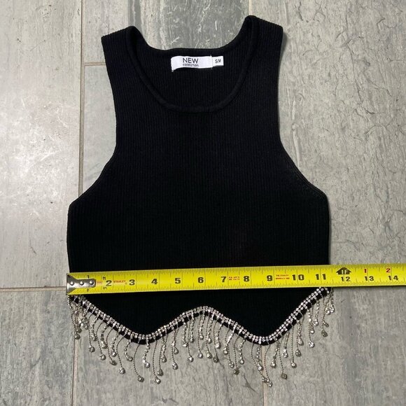 NEW Collection Rhinestone Fringe Trim Ribbed Stretchy Crop Tank Top Black Sz S/M - Picture 6 of 10
